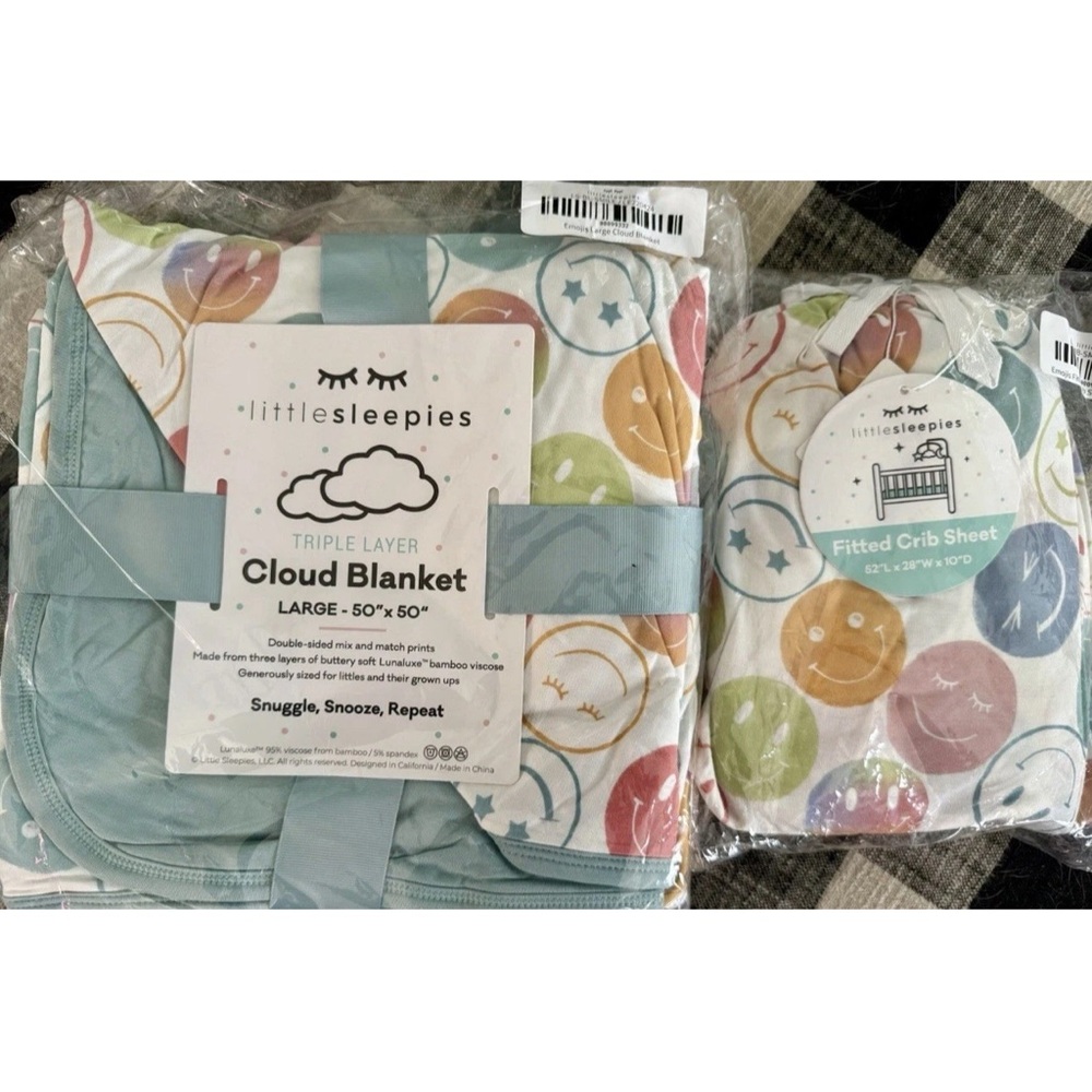 Little Sleepies Cloud Blanket and Crib Sheet Bundle Set - Positive Vibes Emojis